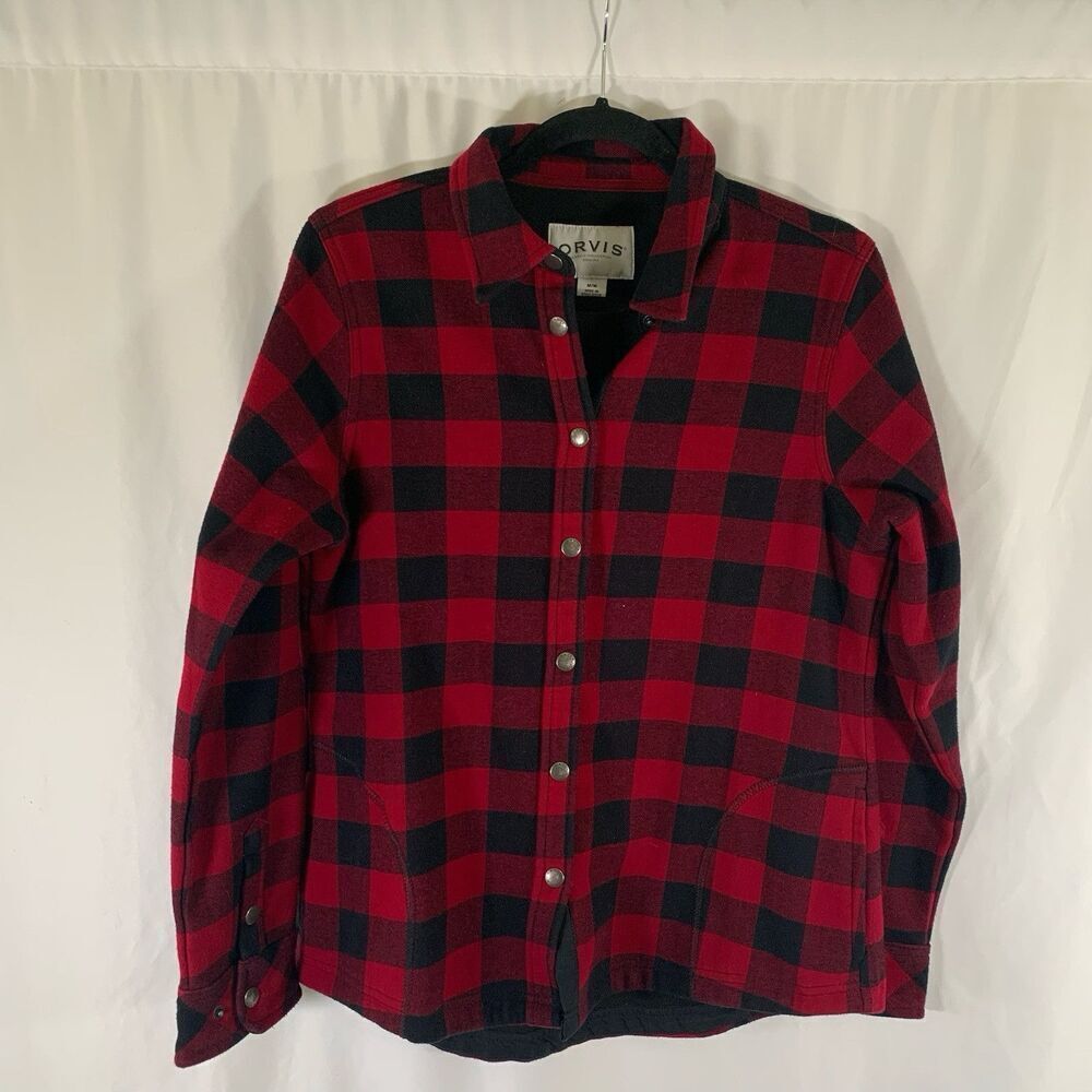 Orvis Jacket Women's Medium Red Plaid Snap Up Long Sleeve Pockets Cotton